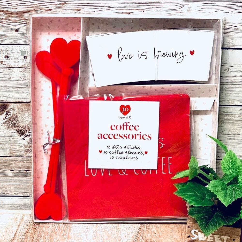 NWT 30 pc Red Set coffee accessories 10 stir sticks,10 coffee sleeves,10 napkins